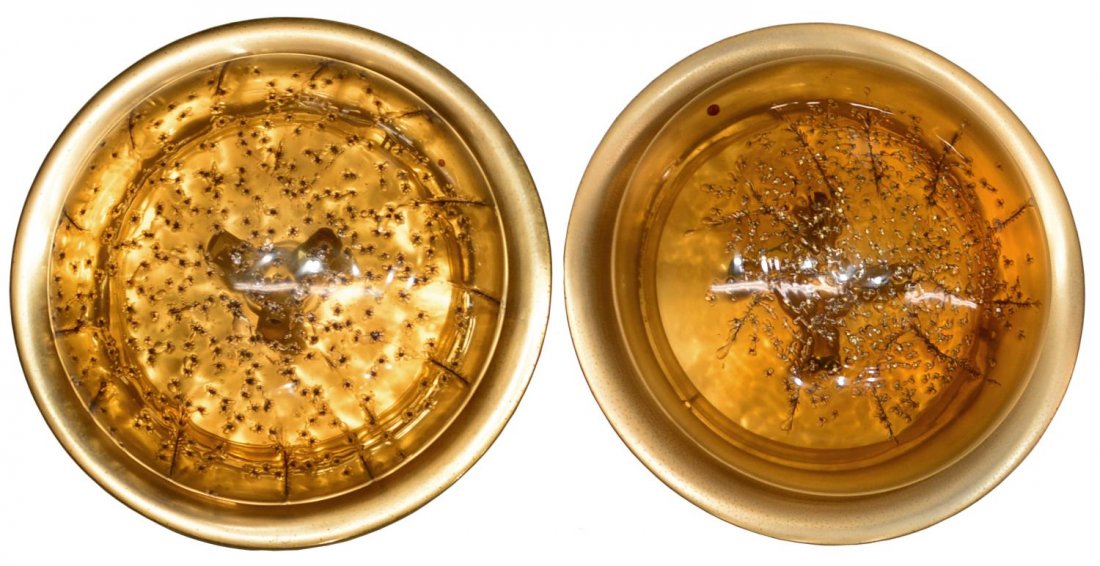 ITALIAN LA MURRINA MURANO ART GLASS CEILING LAMPS: (pair) Italian Murano art glass ceiling lamps, 1970's, signed La Murrina, amber glass dome having suspended air bubble design, gilt metal base, one terminating in three lights, one terminating in four