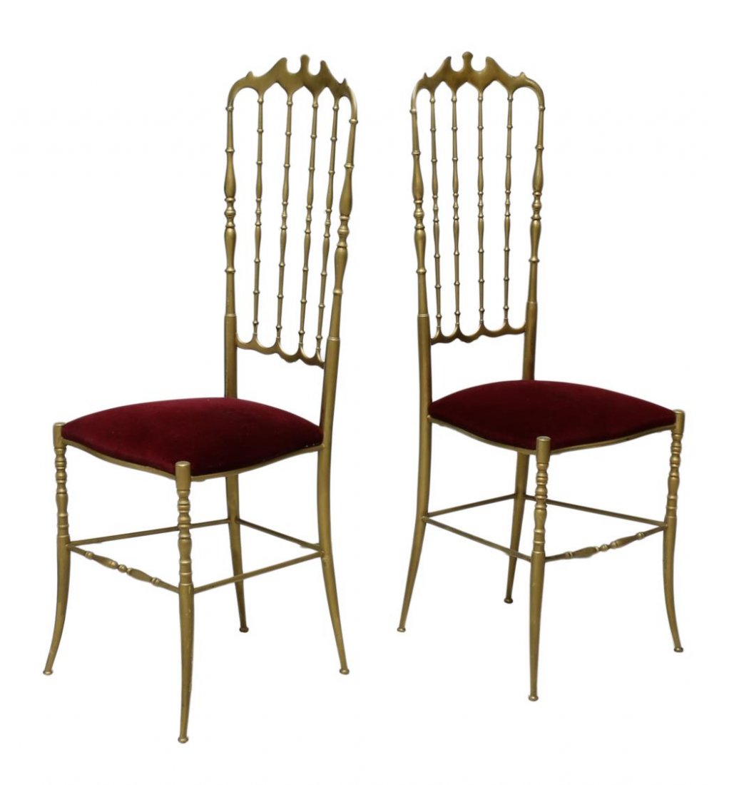 (2) CHIAVARI BRASS HIGHBACK HALL CHAIRS, C. 1960'S: (pair) Chiavari brass hall chairs, c. 1950?s, each with spindled high back and upholstered seat, approx 43"h, 15"w, 15.5"d Start Price: $200.00