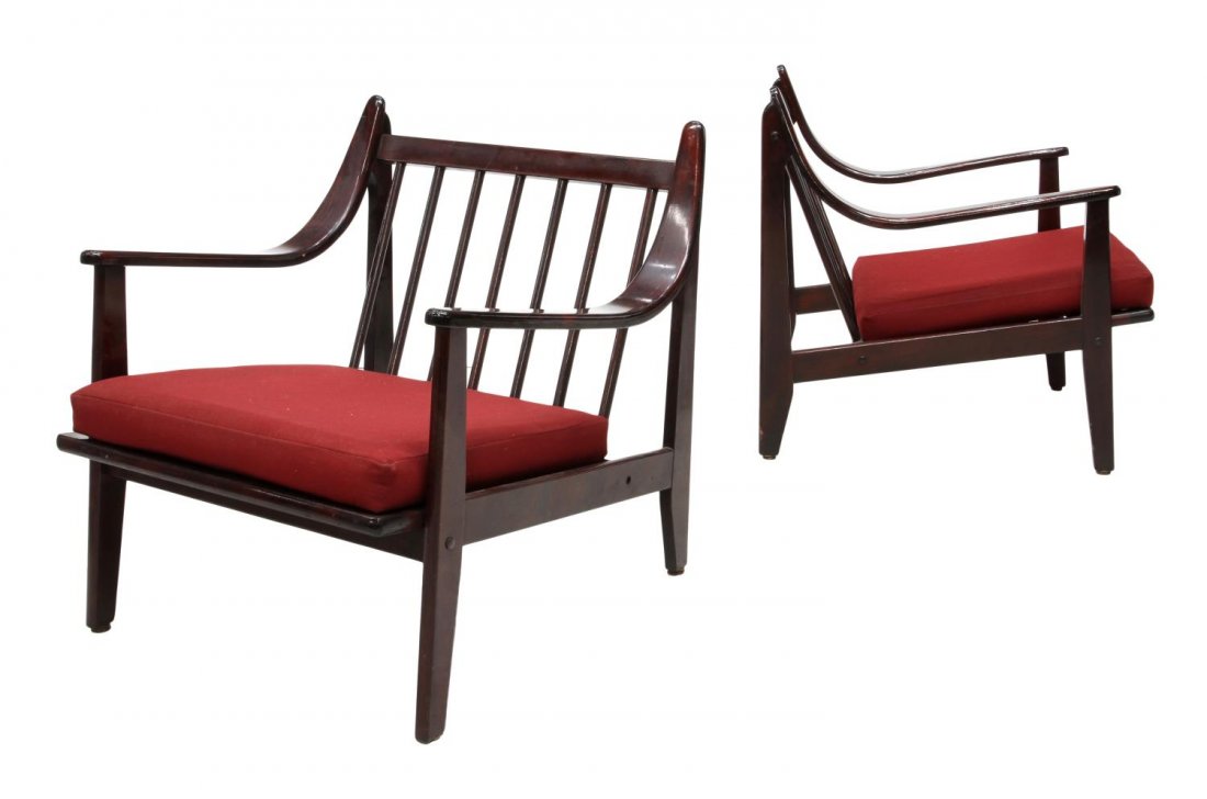 (2) ITALIAN MID-CENTURY MODERN ARM CHAIRS, BUFFA: (pair) Italian mid-century arm chairs, design by Paolo Buffa (Italian, 1903-1970), c. 1950, the reclined frame of each in a mahogany finish, loose cushion back and seat rests, one fabric seat slat wit