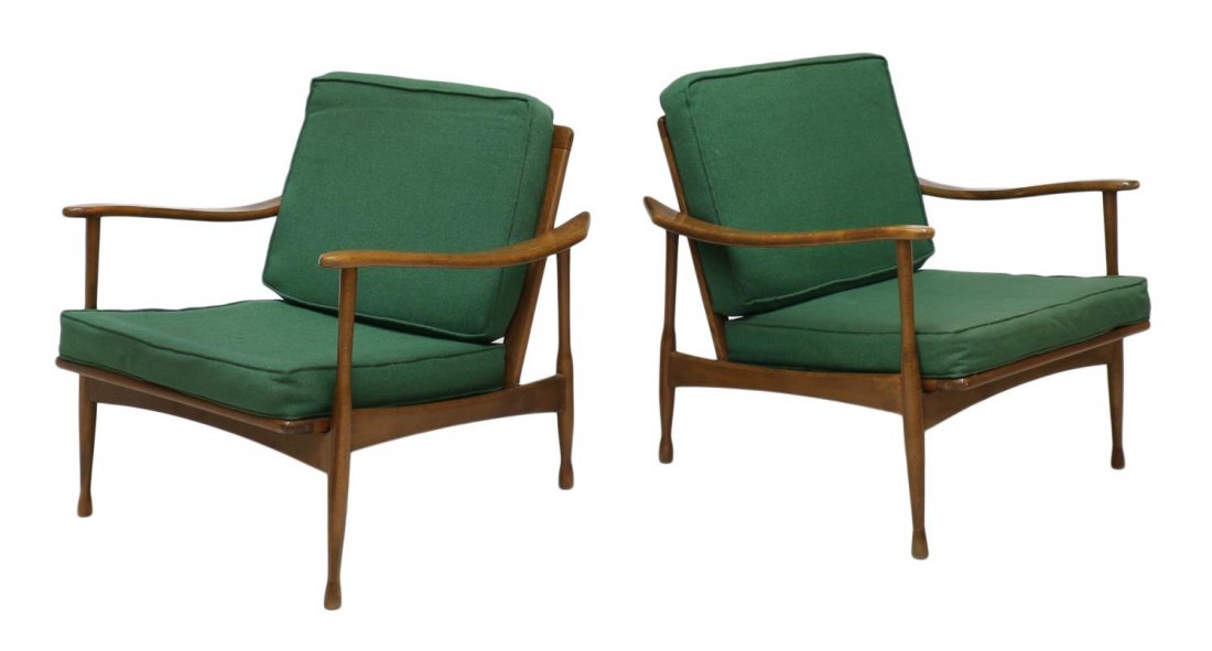 (2)ITALIAN MID-CENTURY ARM CHAIRS, MANNER OF BUFFA: (lot of 2) Italian mid-century modern arm chairs, in the manner of Paolo Buffa (Italian, 1903-1970), c. 1950's, each having long arm supports joined to slightly reclined, spindle back, loose cushions