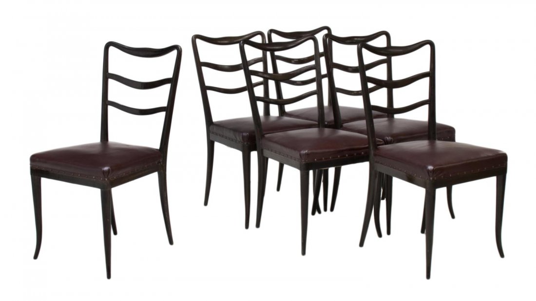 (6) ITALIAN MID-CENTURY LADDER BACK SIDE CHAIRS: (set of 6) Italian mid-century modern side chairs,1950's, the slat back over maroon upholstered seat with nail head accents, rising on tapered turned supports, 35.5"h, 18.5"w, 19"d Start Price: $200.0