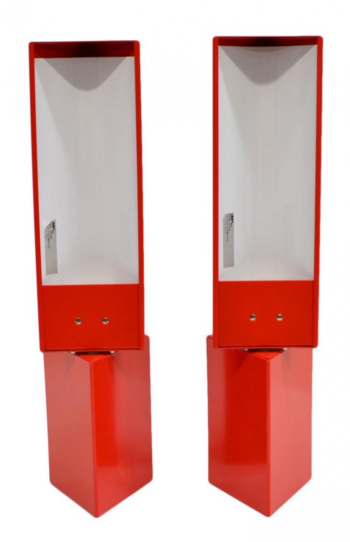 (2) ITALIAN RED METAL WALL SCONCES, MARTINELLI: (pair) Italian modern red metal wall sconces, 20th c., design by Elio Martinelli (Italian, 1921-2004), model number 1239, retaining designer sticker, one with original box and tag, in need of wiring,