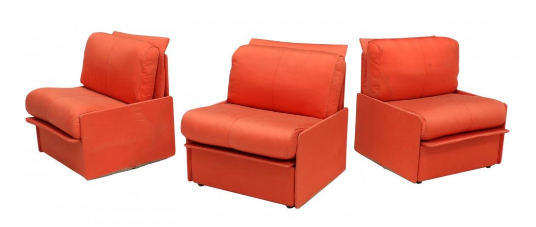 (3) MID-CENTURY MODERN UPHOLSTERED CHAIR SUITE: (lot of 3) Italian mid-century modern chair suite, design by B&B Italia, comprising: (3) single seat sofa chairs having orange upholstery with removable seat cushions, upholstery stains, approx 28.5"h