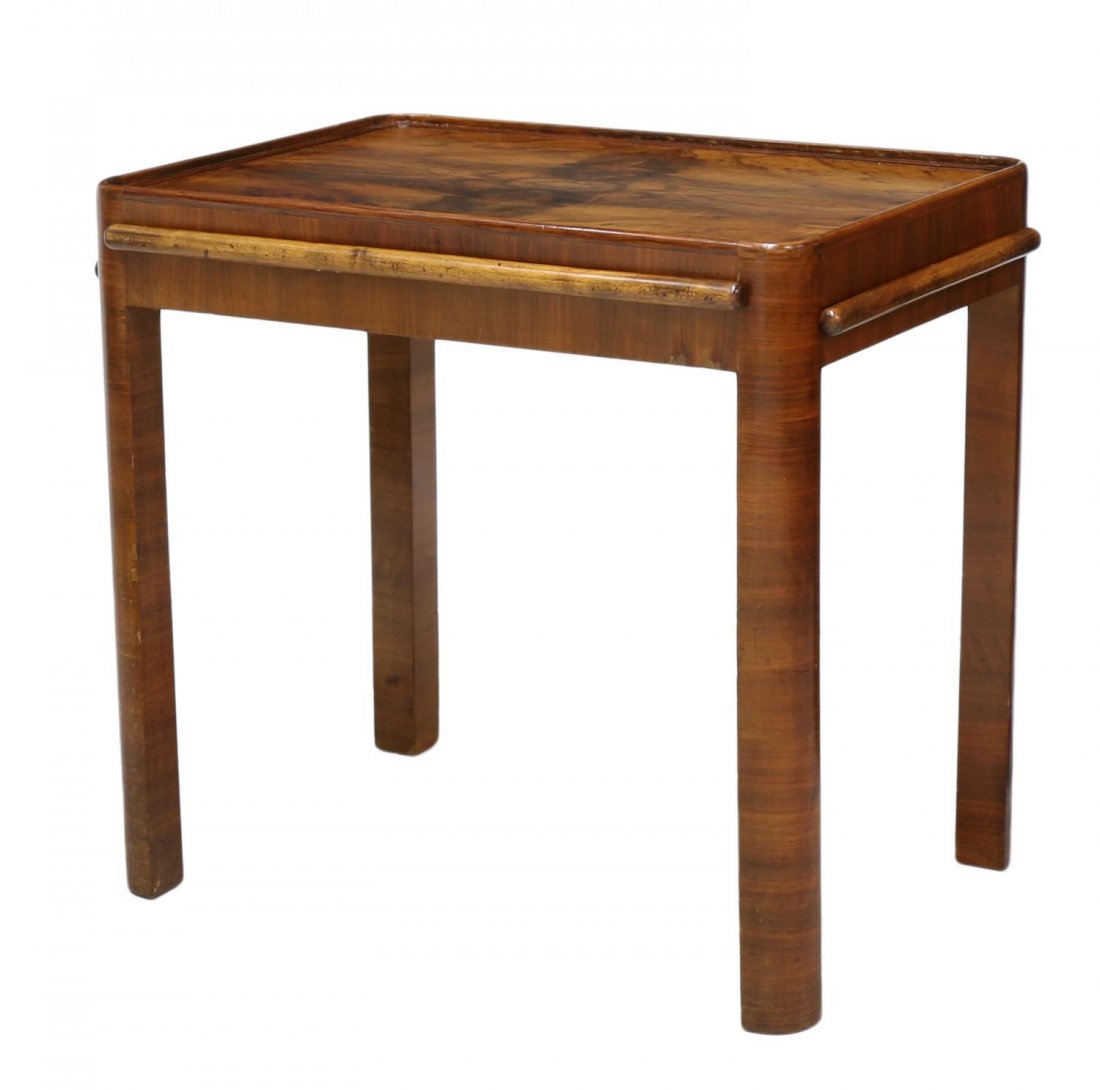 ITALIAN FIGURED WALNUT SERVICE SIDE TABLE, C. 1930: Italian walnut service / side table, c, 1930, design by Giuseppe Pagano Pogatschnig (Italian, 1896-1945), the figured rectangular top having raised edge, over three apron set pull out service trays, t