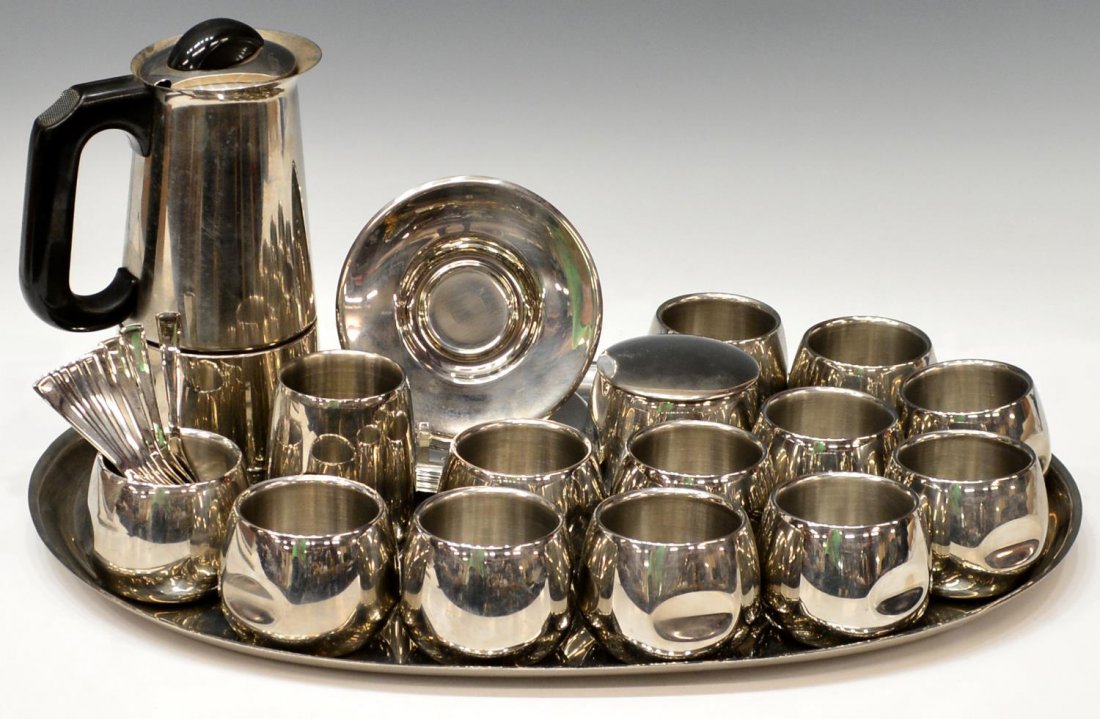(38) AMC ART DESIGN COFFEE SERVICE: (set of 38) Mid-century modern metal coffee service, AMC Art Design, c. 1960, comprising: (12) coffee cups, 2.25"h, with (1) slightly taller cup, 3.5"h; (12) saucers, 5"diam; (10) small spoons, 4"h; (