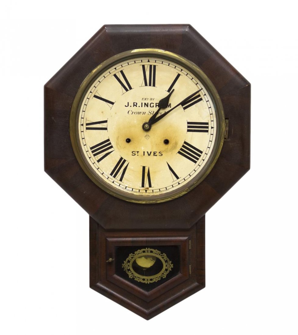 ANSONIA CLOCK CO. TIME AND STRIKE WALL CLOCK: Ansonia Clock Co. time and strike wall clock, a roman numeral faced metal dial over a small reverse painted glass door, revealing paper that reads prize medal awarded Paris exposition 1878, lacking gl