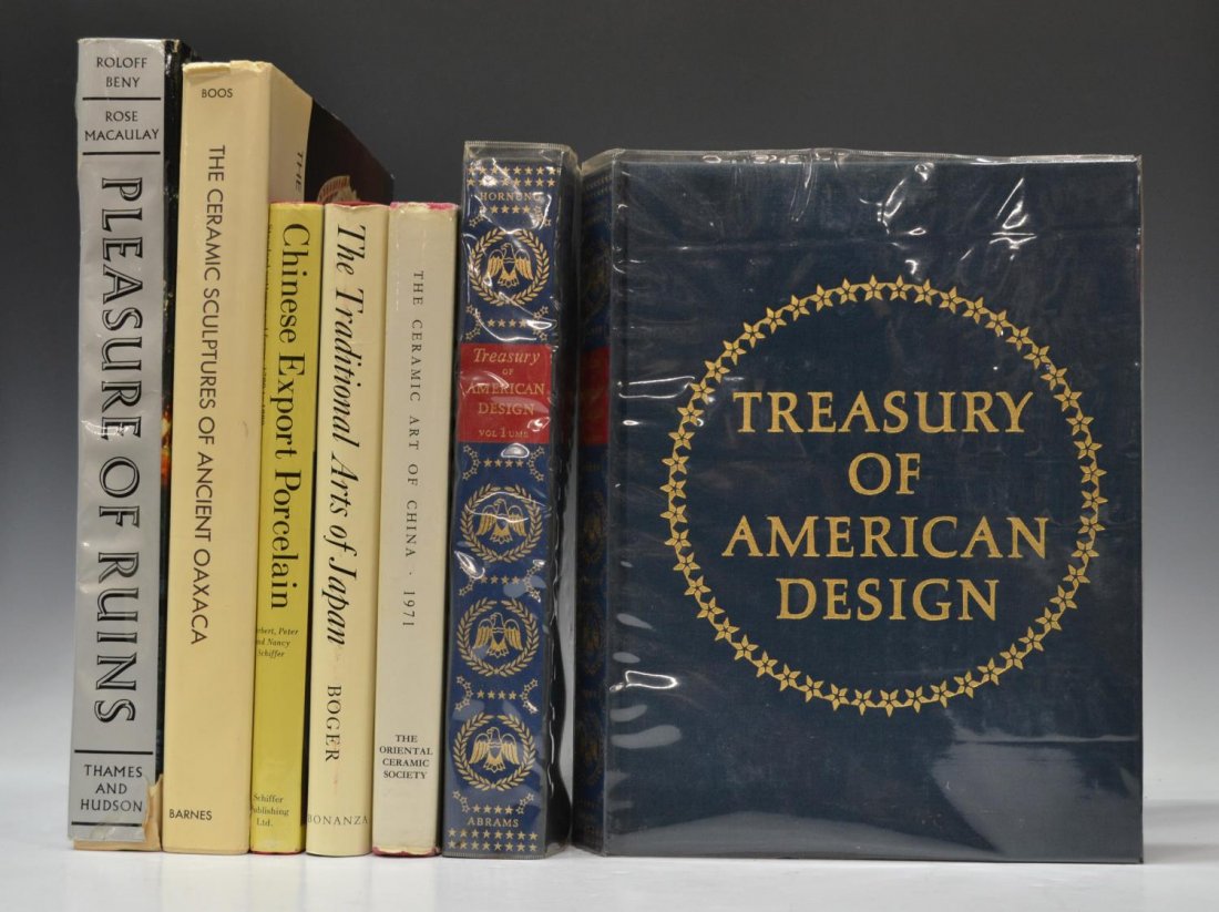(7)ILLUSTRATED BOOKS, DESIGN, MEXICO, CHINA, JAPAN: (lot of 7) Reference books: (2) volumes "Treasury of American Design", Clarence J. Hornung, 1976, profusely illustrated in color, black and white, total 846 pages; (1) "Pleasure of Ruins", Rose Macula