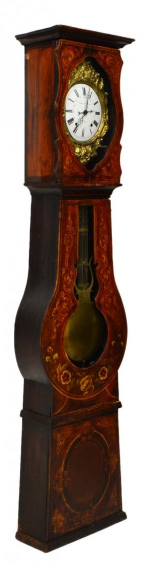 COUNTRY FRENCH PAINTED CASE GRANDFATHER CLOCK: French Morbier style tall case clock, 19th c., the polychrome foliate and floral painted case housing the time and strike weight driven movement having a porcelain dial marked Adrian Masson, Nimes (So