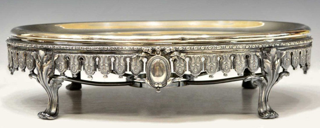 ANTIQUE CHRISTOFLE SILVERPLATE WARMING TRAY: Christofle silver plate warming tray, France, late 19th c. / early 20th c., raised on four scroll feet, intricate floral lappet border, mark as pictured, some discoloration, lacking burner, 16"l, 10.5