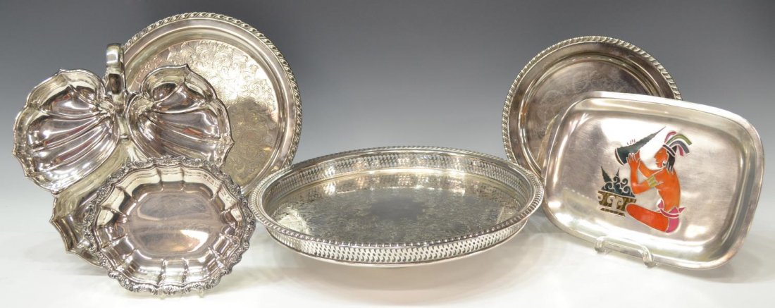 (6) LOS CASTILLOS TAXCO INLAID TRAY & SILVERPLATE: (lot of 6) Collection of silver plate trays, varied designs, makers, age and size, including (1) vintage Los Castillo inlaid silver plate tray, 'La Pluma Azteca', Taxco, Mexico, (2) varied circular tr