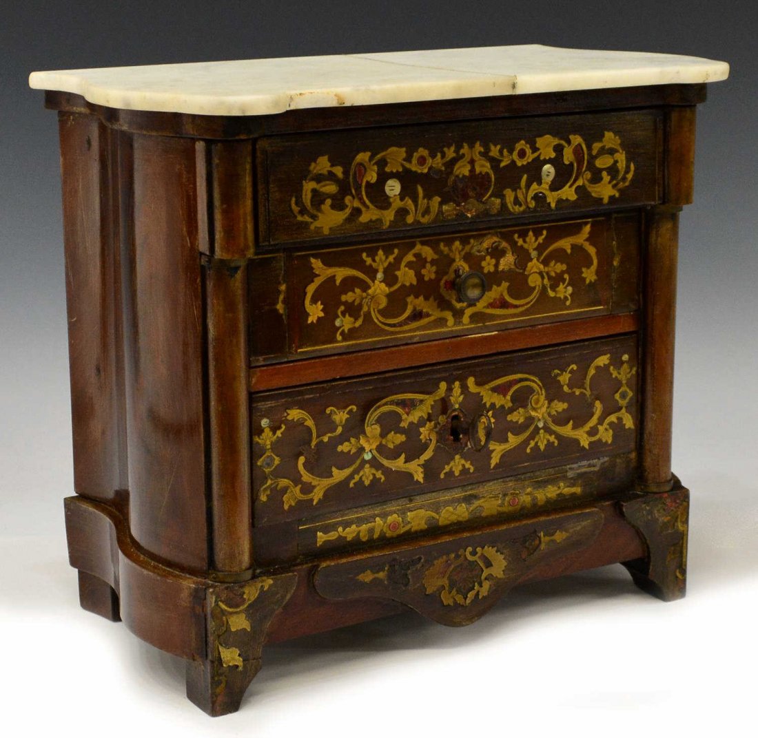 FRENCH MINIATURE BOULLE MARBLE CHEST, SIGNED KP: French miniature boulle inlaid, marble top chest, 19th c., the lift top opening to mirrored storage, above two drawers with banded inlay to interior, the lower retaining lock and key, the case having 