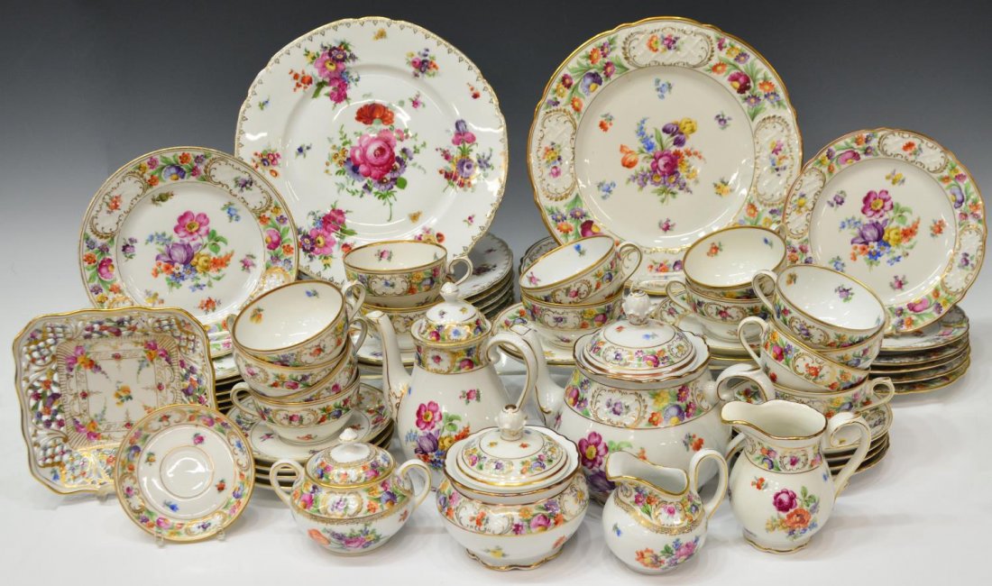(63) EMPRESS DRESDEN FLOWERS & OTHER DINNER SET: (lot of 63, assembled) "Empress Dresden Flowers' porcelain dinner service, Schumann Bavaria pieces include: (2) dinner plates, 11"diam; (14) salad plates, eight having rounded rim, one with scratch on