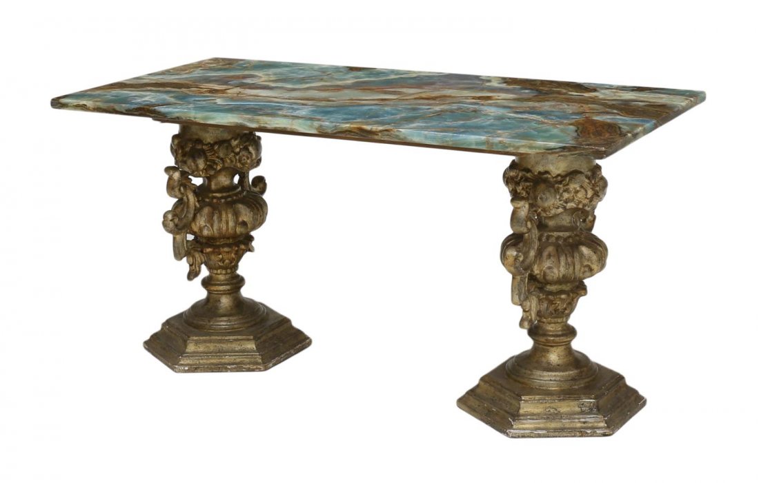LOUIS XV STYLE GILTWOOD MARBLE TOP SOFA TABLE: Continental Louis XV style marble top giltwood sofa table, 20th c., a rectangular green marble top with two heavily carved giltwood supports in the form of flowering urns, approx 20"h, 40"l, 19.75"w S