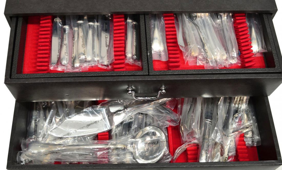 (104) NEW CHRISTOFLE AMERICA FLATWARE, UNOPENED: (lot of 104) Christofle America pattern silver plate flatware, each piece in unopened makers plastic sleeve, comprised of: (12) luncheon knives; (12) dinner knives; (12) butter knives; (12) luncheon s