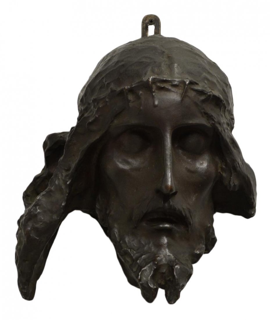 ITALIAN RELIGIOUS HANGING BRONZE, CROWN OF THORNS: Large Italian religious bronze hanging mask, Jesus Christ, Crown of Thorns after G. Siccardi (Giuseppe Siccardi, Italy, 1899-1993), verso with hanging bracket, signature as pictured, some patination, 
