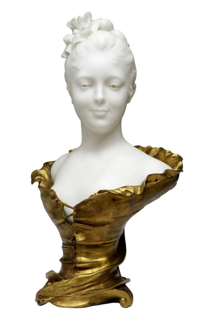 MARBLE & GILT BRONZE BUST OF BEAUTY, EUG MARIOTON: French marble and bronze sculpture, Bust of a Beauty, signed Eug. Marioton (Eugene Marioton, 1854-1925), stamped Colin below (French foundry), the white marble bust enveloped by a gilt bronze corset,