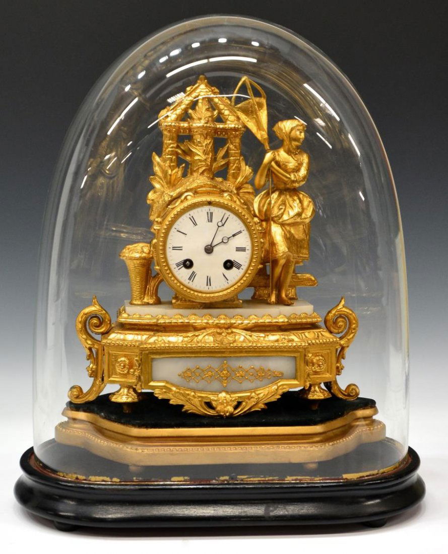 FRENCH JAPAY FRERES FIGURAL CLOCK & GLASS DOME: French figural mantle clock, last quarter 19th c., a peasant girl stands holding a butterfly net next to the ornately housed circular porcelain faced movement by Japay Freres, the clock on an alabaste