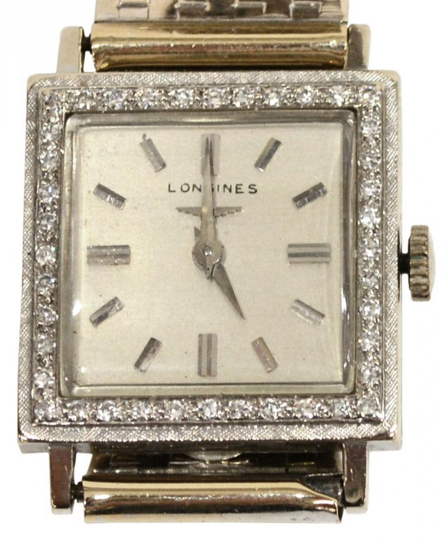 LADIES LONGINES 14KT GOLD & DIAMOND ESTATE WATCH: Ladies Longines 14kt gold wristwatch, the square face in a frame of (40) small diamonds, Roman numerals on the gilt dial, approx 8.5"l, 43.8 grams (inclusive of all materials) Start Price: $500.00