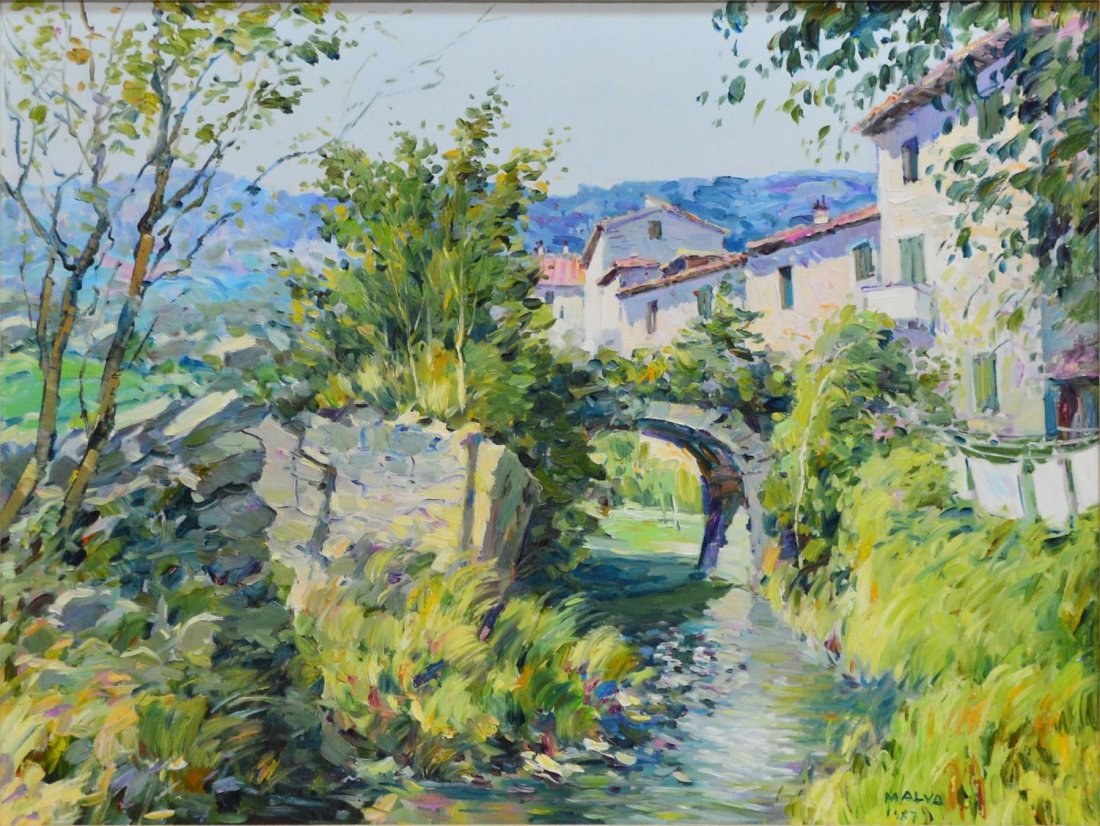 GEORGE MALVA (OMAR HAMDI MALVA, B. 1951) PAINTING: Framed oil painting on canvas, Bridge over Village Stream, signed, dated lower right Malva, 1987 ('George" Omar Hamdi Malva, b.1951), sight: 29.5"h, 39.5"w, overall: 38"h, 48"w, 14.5lbs Start Price: $