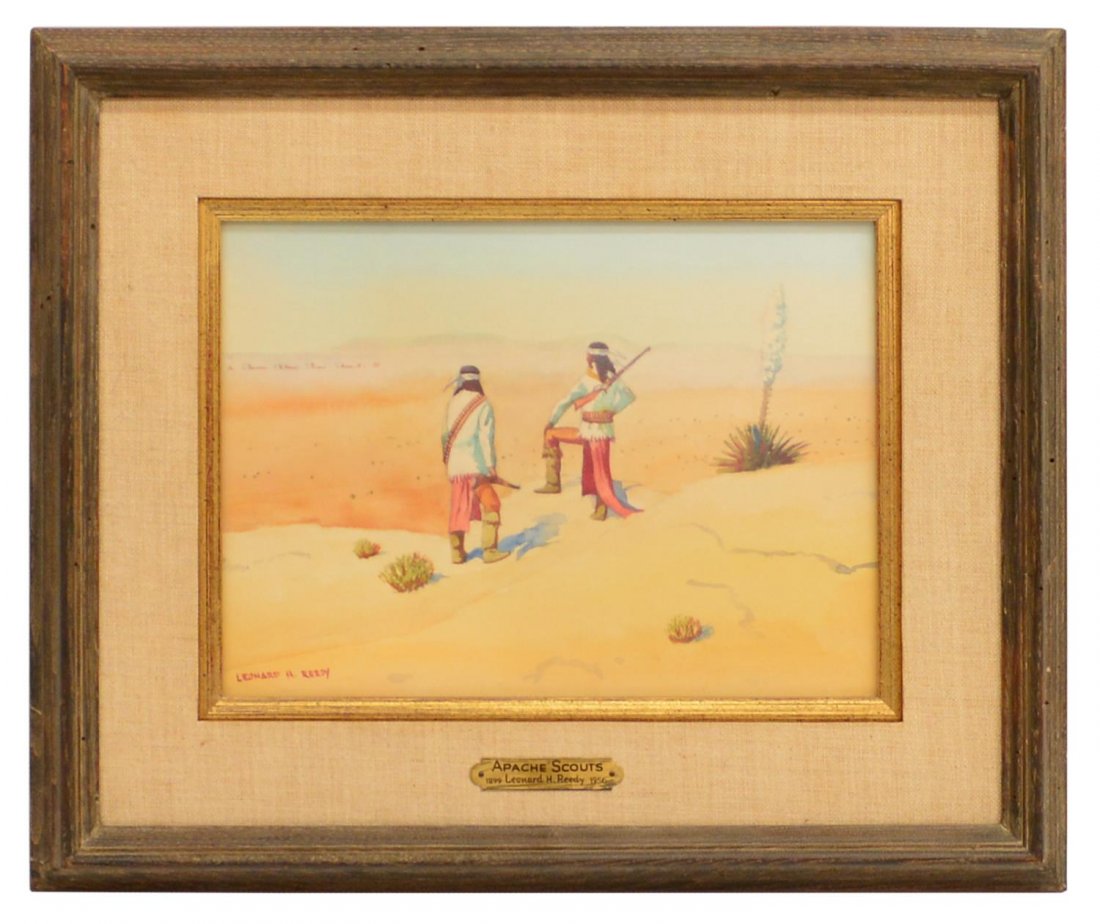 LEONARD H. REEDY 1899-1956, APACHE INDIAN PAINTING: Framed watercolor painting, Apache Scouts, signed lower left Leonard H. Reedy (American, 1899-1956), verso tag "The Vincent Price Collection...", sight: 8"h, 10.75"w, overall: 14.5"h, 17.5"w, 2.75lbs 