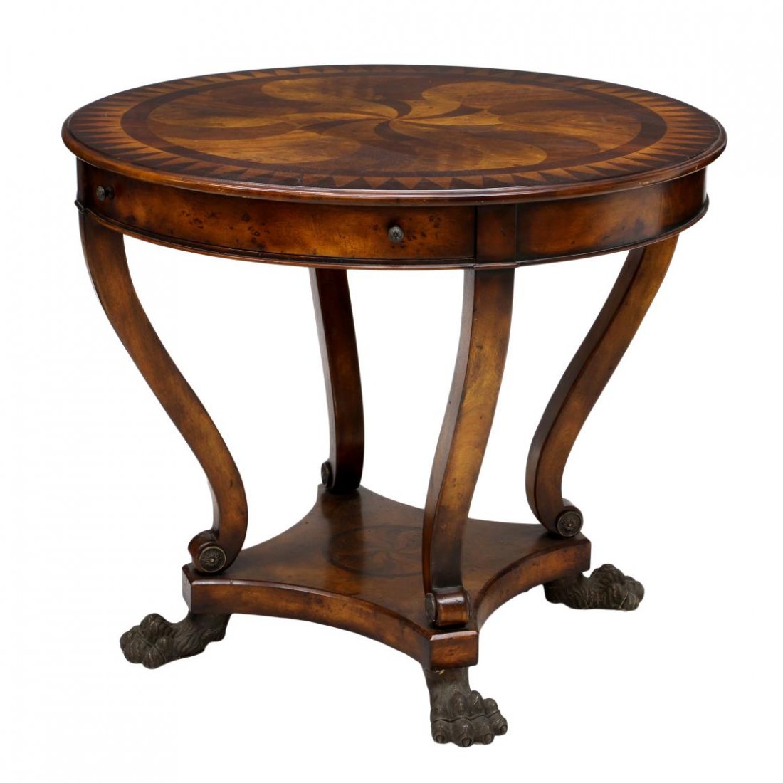 THEODORE ALEXANDER PAW FOOT CENTER TABLE: Theodore Alexander "Swirling Teardrops" center table, model 5005-223, a circular top with decorative finish rising on four scrolled supports joined by a lower tier on bronze finish paw feet, 30"h, 36"