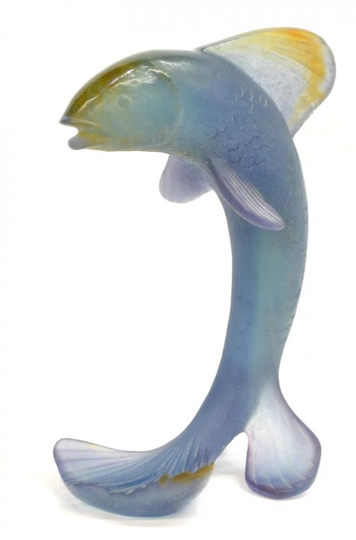 FRENCH DAUM PATE-DE-VERRE ART GLASS FISH SCULPTURE: Daum P?te-de-Verre art glass sculpture, France, a fish in blue, amber and purple coloring with incised scales, signed 'Daum France' on side of base, 8.25"h, 5"w, 2.25lbs Start Price: $100.00