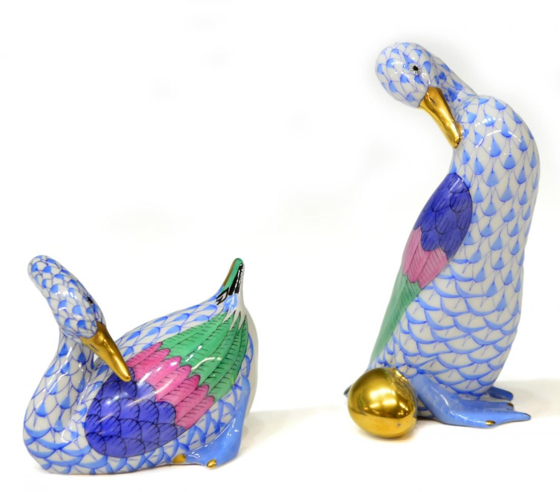 (2) HEREND PORCELAIN BLUE FISHENT GEESE: (lot of 2) Herend porcelain blue fishnet pattern geese, (1) in resting position, (1) standing beside gilt egg, purple, raspberry, and green accents, marks and incisions as pictured, largest 4"h, .5lbs
