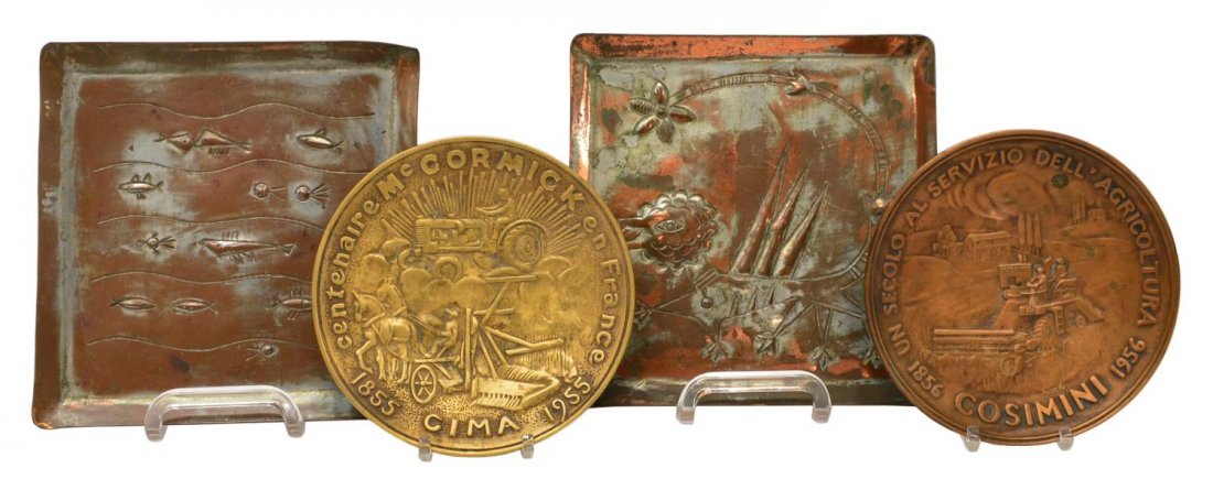 (4) COLLECTION OF COPPER & BRONZE METALWARE: (lot of 4) Collection of copper and bronze metalware, comprising: (2) Modernist copper wall hangings, YAAD Israel, in the manner of Paul Klee (Swiss/German, 1879 -1940) , one depicting beast with flow