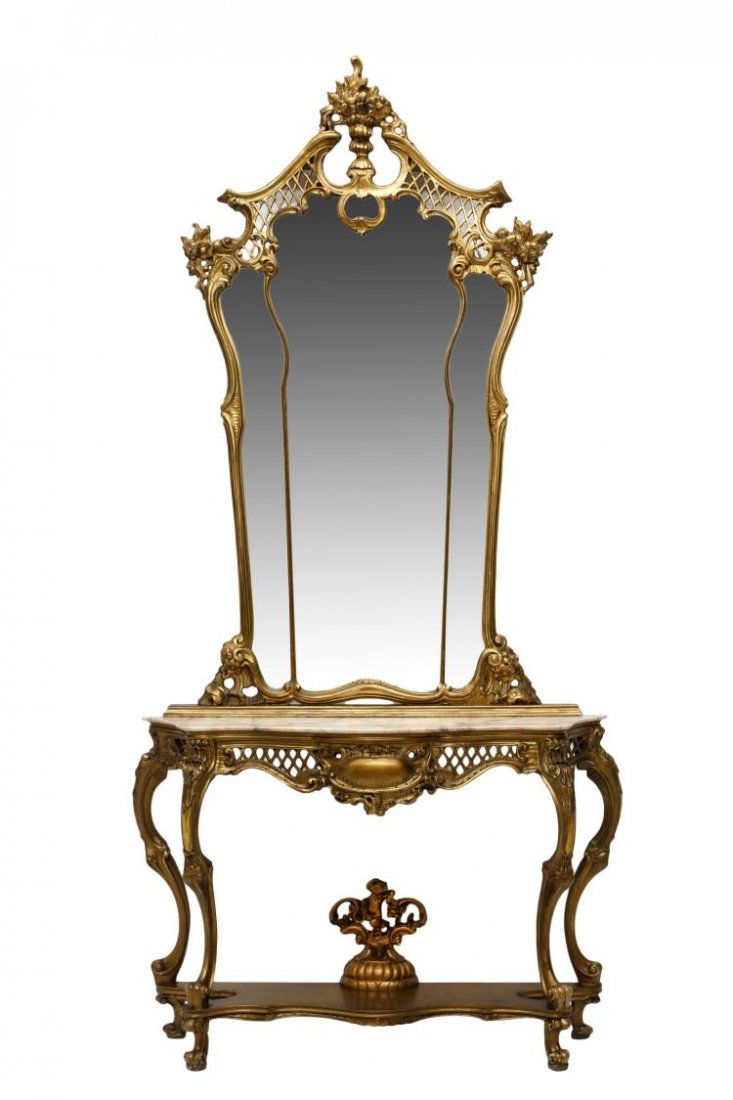 LOUIS XV CARVED & GILDED CONSOLE TABLE & MIRROR: Louis XV style gilded console table and mirror, mid 20th c., a well carved floral basket cresting the large mirror with flower and lattice carving, surmounting the table with light rouge marble top, t