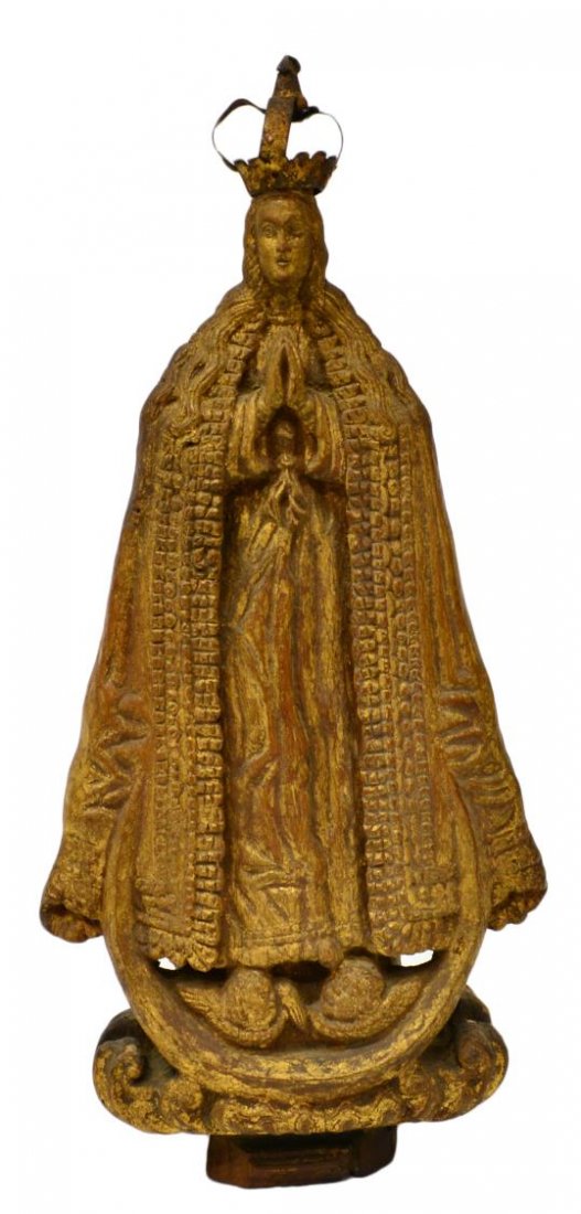 ANTIQUE RELIGIOUS WOOD STATUE, VIRGIN MARY: Antique religious wood carving depiction of the Virgin Mary, possibly as "Our Lady of the Lote Tree", based on a painting by Melchor P?rez Holgu?n (Spain, active 1694-1724), parcel gilt with polychrom
