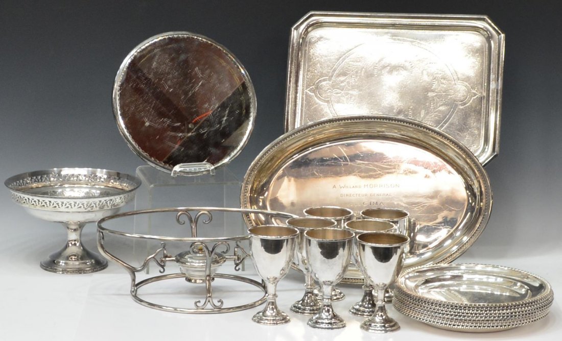 (20) COLLECTION SILVERPLATE SERVICE & TABLEWARE: (lot of 20) Collection of American silver plate service items and plateau mirror, comprising: (8) dinner plates, hallmark underneath, scratches from use, 9.75"diam; (7) wine/water goblets, 5.5"h, 3.25