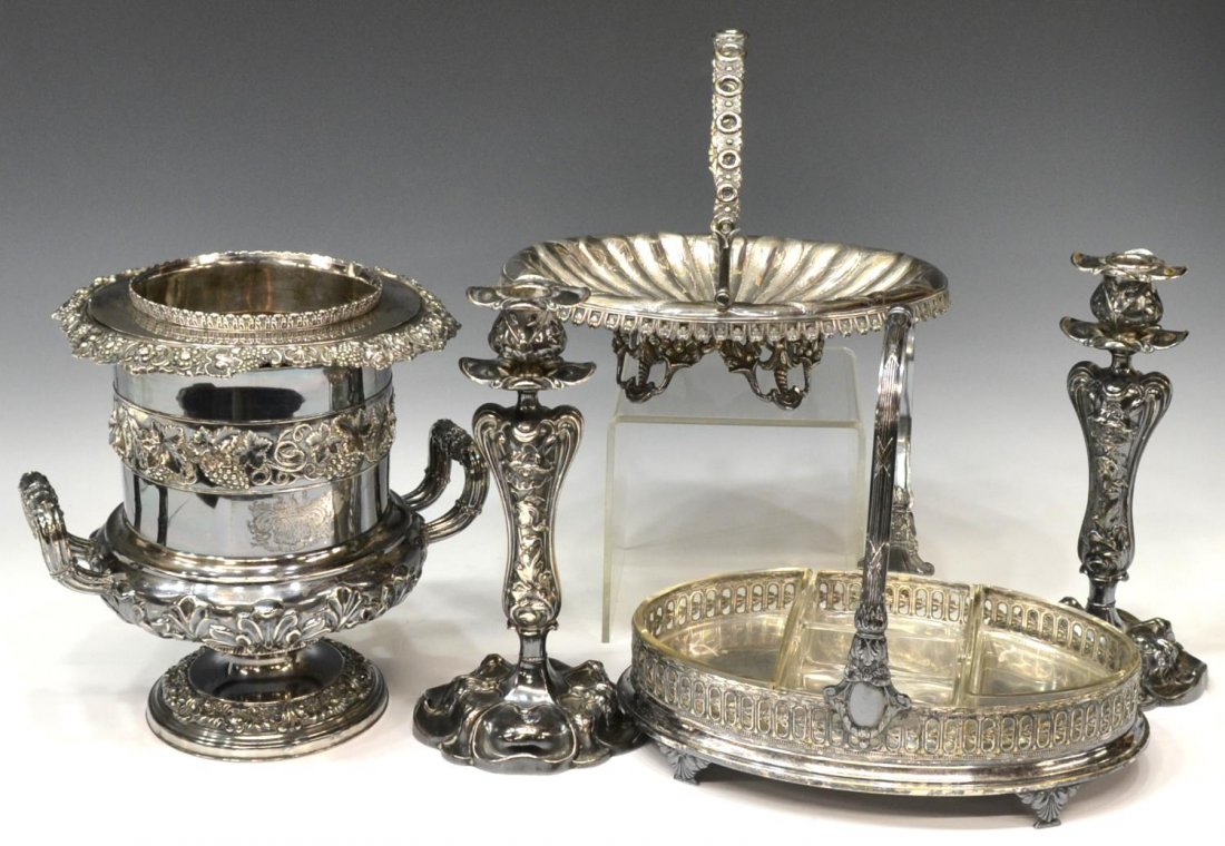 (5) COLLECTION SILVERPLATE TABLE & SERVICEWARE: (lot of 5) Silverplate service and tableware, comprising: (1) champagne cooler with berry, leaf, and foliate decoration, engraved crest reading 'Alteri Si Tibi', some discoloration, 10.5"h, 10"w; (2) 