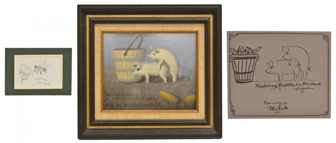 (3) A.D. GREER (1904-1998) PAINTING & DRAWINGS: (lot of 3) Art work by A.D. Greer (Aubrey Dale Greer, Oklahoma, Texas, 1904-1998): (1) framed oil painting on board, "Makeing Bubbles in the Mud, signed with sentiment lower center, dated 4/17/85, sig