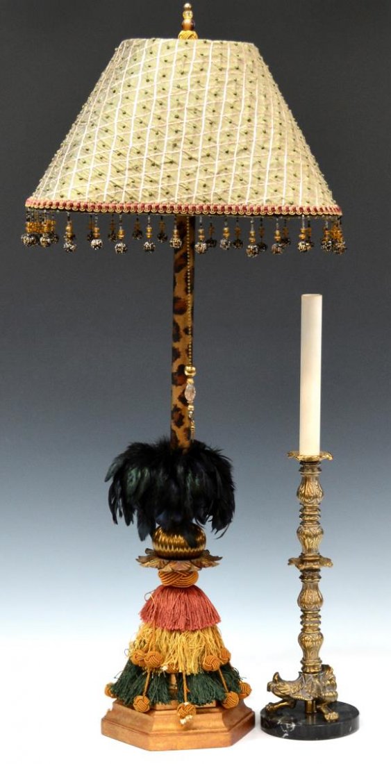 (2) FREDERICK COOPER CHICAGO DESIGN TABLE LAMPS: (lot of 2) Frederick Cooper designer table lamps, Chicago; (1) having feathers, tassels, and animal print painted standard, gilt metal pull chain, 36"h; (1) antique candlestick style with gilt metal s