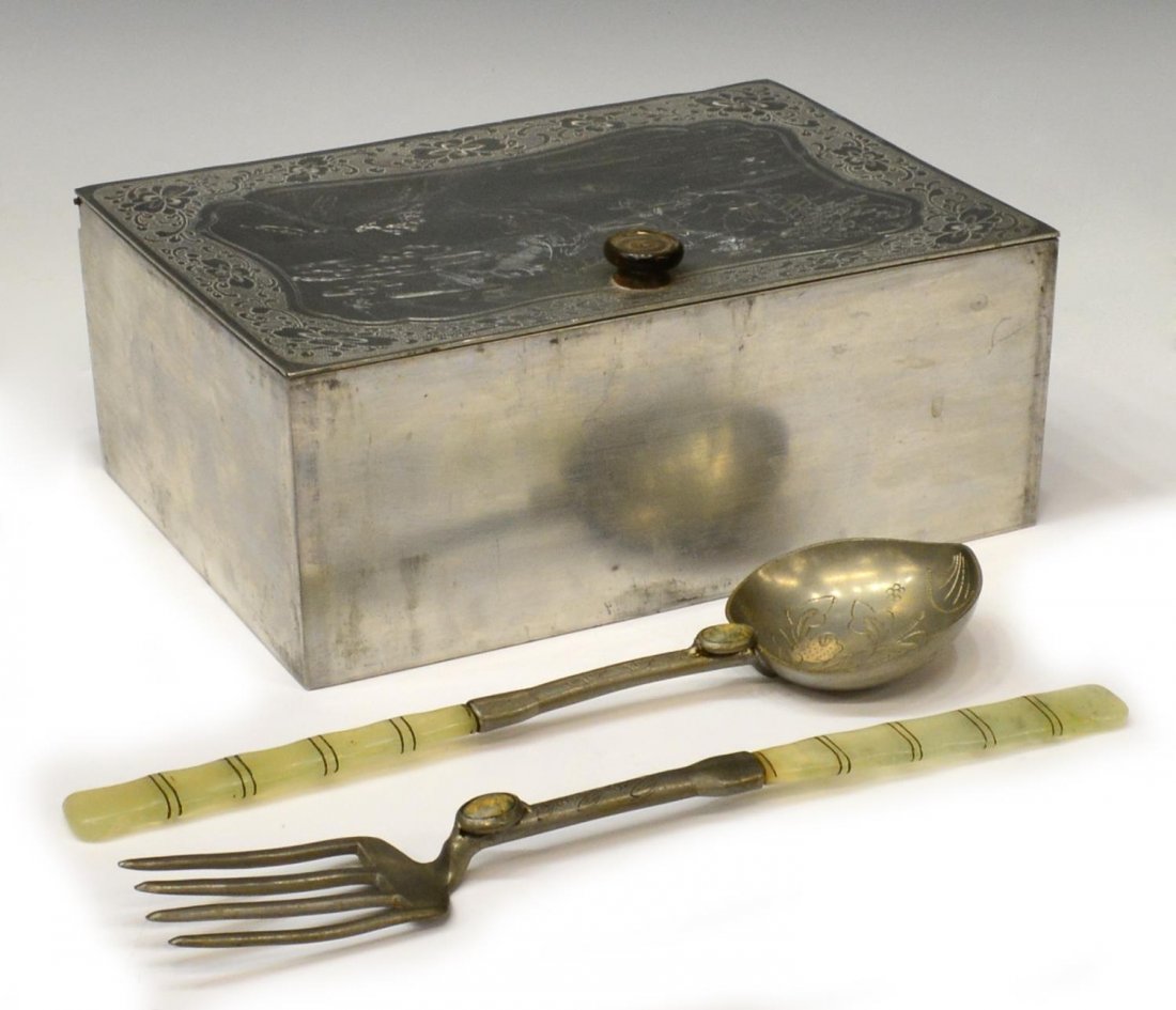 CHINESE PEWTER & JADE INCISED SALAD SERVING SET: (lot of 3) Chinese pewter and metalware: (pair) Chinese utensils, a fork and a spoon, pewter bowl and tines, the stem of each with inlaid stone cabochon, incised flowering vines on bowl and stem, shap