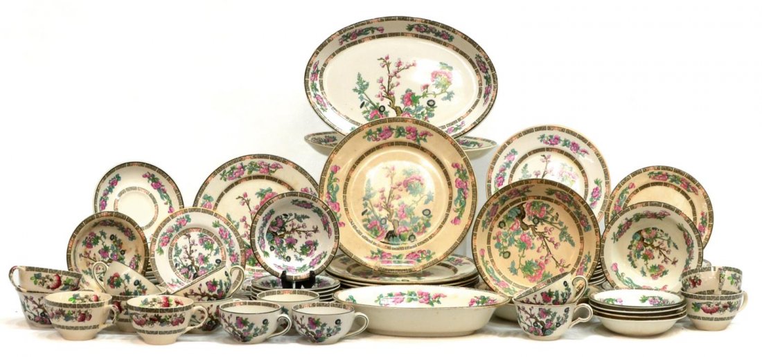 JOHN MADDOCK INDIAN TREE PATTERN DINNER SERVICE: (set of 90) John Maddock dinner service, Indian Tree pattern, comprising: (8) dinner plates, slight variation in size, 10"diam; (15) salad plates, 8"diam; (2) luncheon plates, 8.75"diam; (9) dessert p