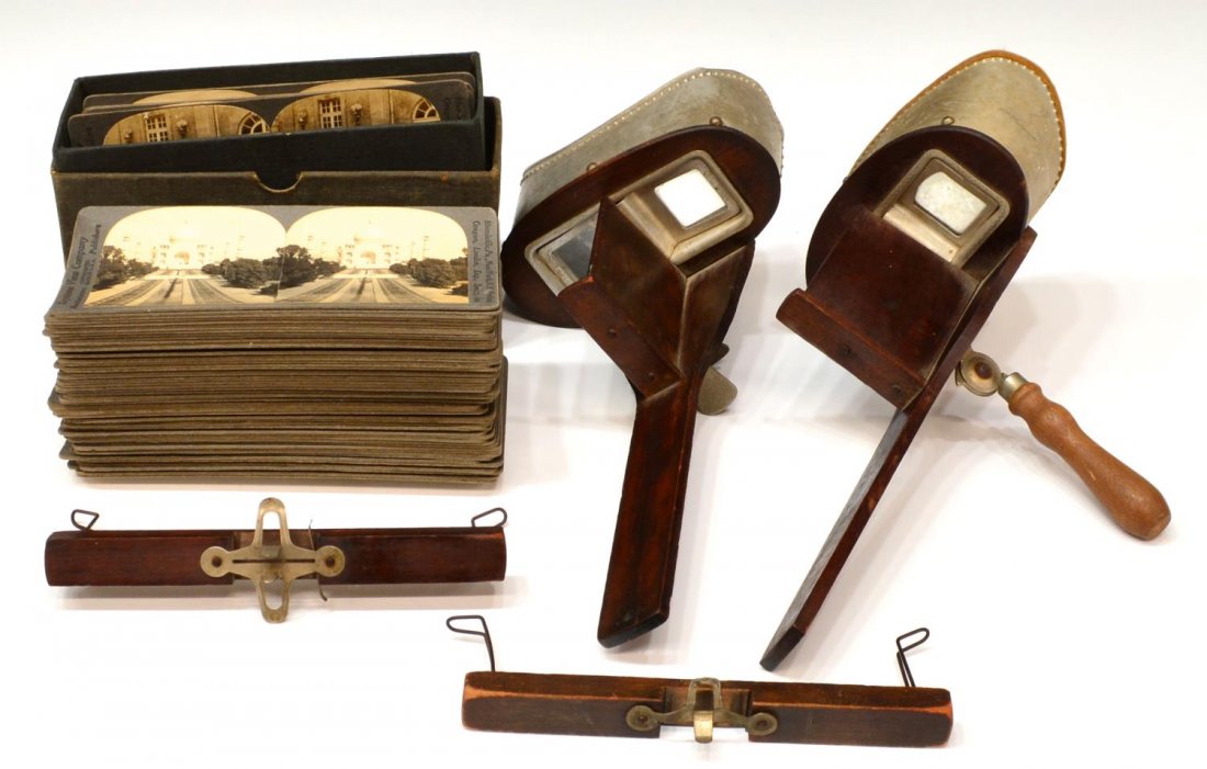 (93) TWO STEREOSCOPE VIEWERS & NUMEROUS CARDS: (lot of 93) Vintage stereoscope viewers and stereo cards, including: (2) Keystone View Co. Meadville, PA scope, one with Monarch label, one lacking handle; (67) Keystone View Co. black and white stere