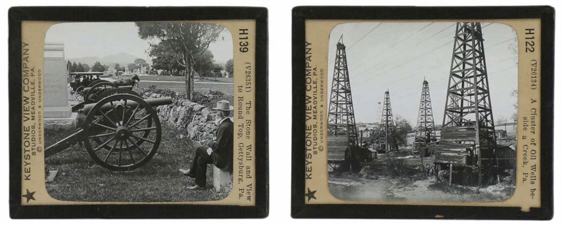 (167) KEYSTONE MAGIC LANTERN GLASS SLIDES: (lot of 167) Keystone magic lantern glass slides, early 20th c., a variety of subjects including industrial, travel in the United States and foreign countries, count includes 8 slides with broken glas