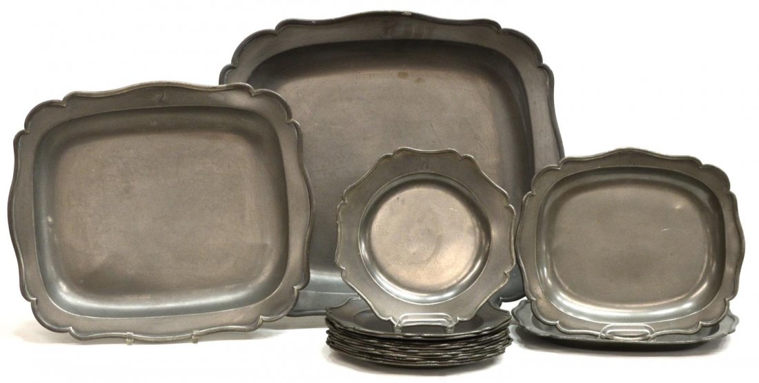 (16) RARE BRITISH JONAS DURAND PEWTER SERVICE SET: (set of 16) Scarce British pewter service set, bearing the touch of Jonas Durand (dated in touch 1699), actual c. 1730-1740, each piece of lobed form engraved with a serpent crest, retaining Marshall 