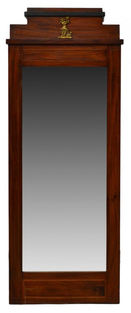 ANTIQUE SCANDINAVIAN HANGING WALL MIRROR: Scandinavian wall mirror, 19th c., the long rectangular frame set with a flat mirror plate, surmounting crest with applied gilt metal cherub, approx 50"l, 19.5"w, 14lbs Start Price: $150.00