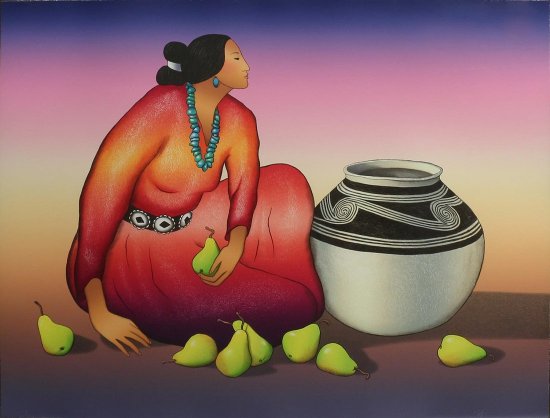 R.C. GORMAN, SUNSET WOMAN, ARTIST PROOF NUMBERED: Framed print on paper, "Sunset Woman", signed lower left in pencil R.C. Gorman (Arizona, 1931-2005), dated 1988, marked IX/XX (9/20) in right corner, sight: 27"h, 36"w, overall: 38"h, 47"w, 24.5lbs St