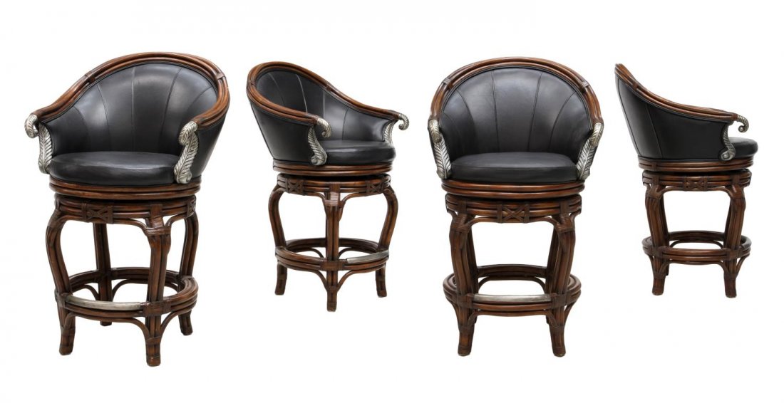 (4) DESIGNER LEATHER SWIVEL BARSTOOLS: (lot of 4) Cotemporary black leather swivel bar stools, the barrel back framed in rattan like wood with arms terminating in scrolled metal handholds, rising on stretcher joined rattan like supports, 4
