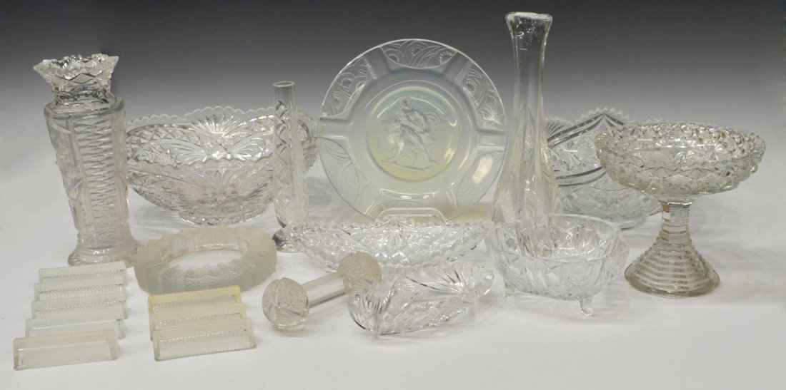 (20) LOT CUT & MOLDED TABLEWARE, SABINO, LALIQUE: (lot of 20) Collection of cut and molded glass table ware, various makers and patterns, comprising: (1) Sabino opalescent art glass plate, engraved "1819 Grand Prix De Gravure En Medailles", etched ma