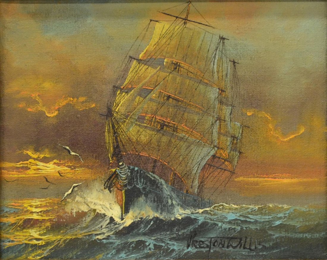 PRESTON WILLIS, SHIP PAINTING: Framed oil on canvas painting, "Cutty Sark", 20th c., signed lower right Preston Willis, gallery tag as certificate of authenticity on verso, sight: 7.5"h, 9.5"w, overall: 16.25"h, 18.5"w, 3.25lbs Sta