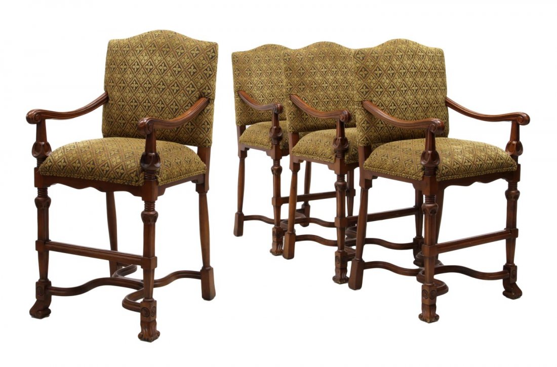 ITAL ART DESIGN UPHOLSTERED BAR STOOLS: (lot of 4) Ital Art Design barstools, an arched crest, the back and seat with patterned brocade upholstery, scrolled arms, the stretcher joined turned legs with stylized claw feet, 52.5"h, 27"w, 26"d 