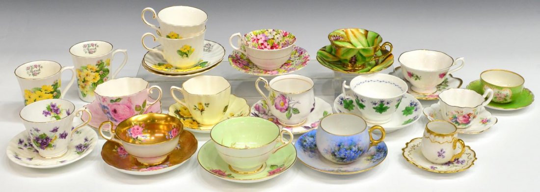 (34) CONTINENTAL & OTHER TEACUP & SAUCER SETS: (16 sets) Collection of Continental and other polychrome porcelain tea cups and matching saucers, including: (5) Crown Victoria, 'March' pattern, two coffee cups and two tea cups, one with roses, two 