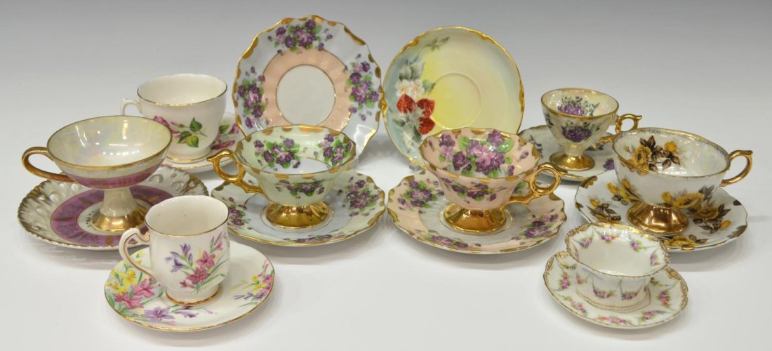 (18) COLLECTION OF PORCELAIN CUPS & SAUCERS: (lot of 18) Collection of eight sets porcelain teacups and saucers, comprising: (1 set) Dresden Franziska Hirsch, handpainted floral sprays with gilt border, mark on base; (1 set) English Royal Vale, 