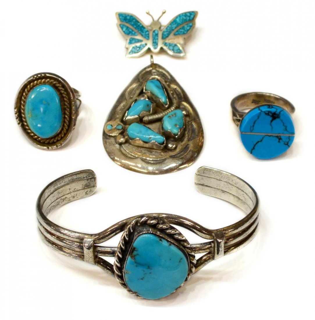 GROUP OF VINTAGE & OTHER TUQUOISE JEWELRY, MEXICO: (lot of 5) Southwest and other silver and turquoise jewelry group: (1) Vintage Native American sterling pendant, Effie Calavaza, Zuni, set with turquoise stones, 2"l; (1) cuff bracelet, rope bezel cen