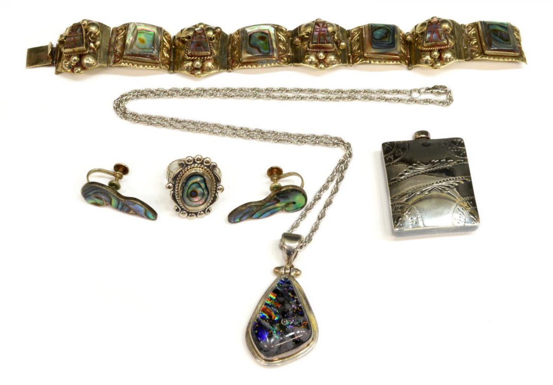 COLLECTION OF STERLING JEWELRY, MEXICO & OTHER: (lot) Vintage and other jewelry group: (1) abalone and silver tone metal bracelet, Mexico, 7.5"l; (pair) sterling earrings, abalone inlaid, screw on, Mexico, 1.25"l; (1) 925 sterling ring, central aba