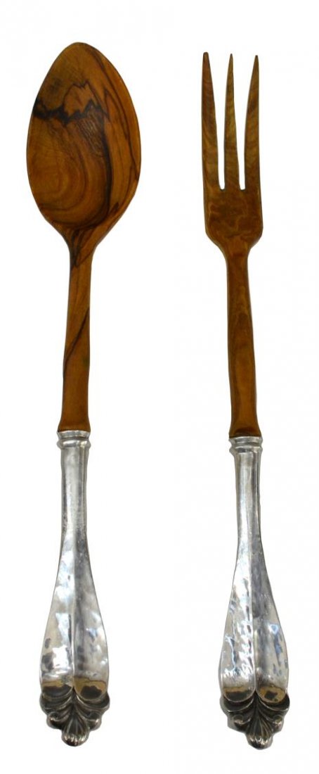 CELLINI SHOP CHICAGO STERLING & WOOD SALAD SERVERS: (set of 2) Chicago sterling silver salad set, Cellini Shop, hand wrought sterling handles join exotic wood end pieces, 11.75"l, 61 grams (inclusive of all material) Start Price: $50.00